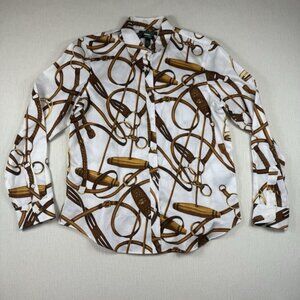 Ralph Lauren Women Equestrian Blouse Shirt L Horse Bit Bridle Gold Polo Mallet